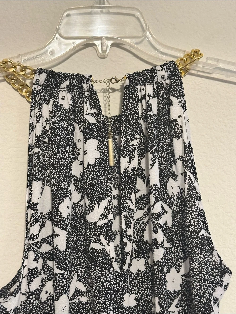 Michael Kors Black and White Floral Halter Midi Dress with Gold Chain